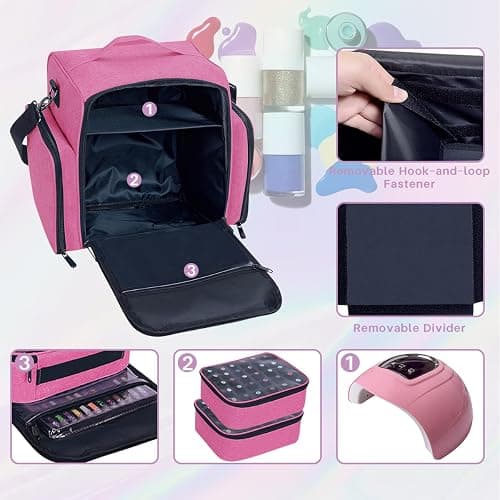 YAHOURWAT Nail Polish Organizer Holds 60 Bottles and a Nail Lamp,Portable Travel Case with 2 Removable Bags and Tools Storage Pockets Rose Red thumbnail 3