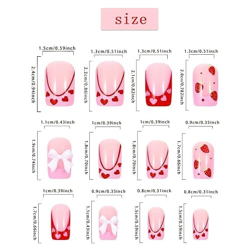 24Pcs Strawberry French Tips Press on Nails Medium Square with Bow-knot Rhinestones Design Strawberry Acrylic Coffin Reusable Fake Nails for Women Girls Fingernails Decoration thumbnail 5