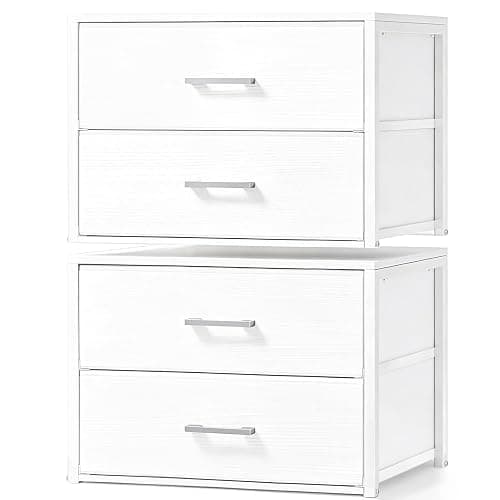 Fixwal Closet Drawers for Clothes, 2 Pack, 4 Drawers Stackable, 21.2" Wide | stacked height 32.2", 4 fabric storage drawers, wooden top, white, spacious storage, dresser for bedroom - Image 1