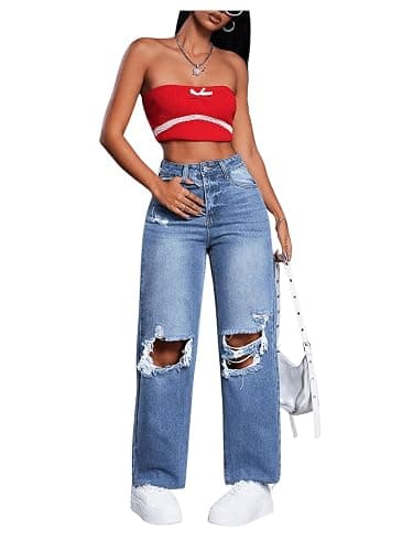 SweatyRocks Women's High Waist Ripped Distressed Cropped Jeans Straight Leg Denim Pants thumbnail 5