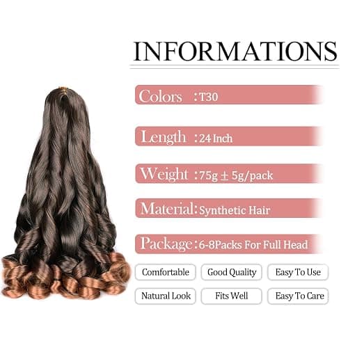Luoyudu French Curls Braiding Hair #T30 Synthetic Bouncy Curly Braiding Hair Extensions 75g/Pack French Curly Crochet Hair Extensions 24inch (T30) - 24 Inch (pack of 8) - T30 thumbnail 2