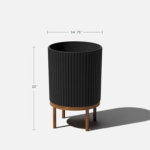 Veradek Demi Series Round Planter w/Stand for Porch/Patio | Durable Plastic-Stone Composite & Wooden Stand | Modern Décor for Tall Plants, Flowers thumbnail 3