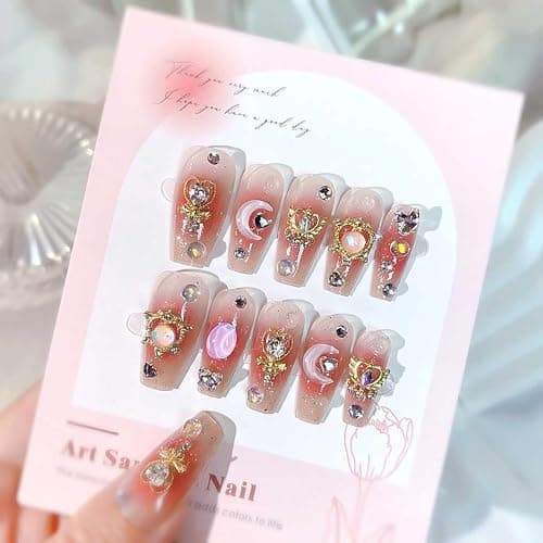 RikView Long Press on Nails Pink Fake Nails with 3D Design Coffin Nails Glossy Full Cover Nails for Women 24 PCs/Set thumbnail 2