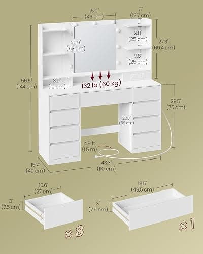 VASAGLE Kailyn Collection - Vanity Desk with Mirror and 9 LED Bulbs, Vanity Makeup Table with Power Outlets, Dressing Table with 9 Drawers, for Bedroom, Cloud White URDT141WB01S thumbnail 2
