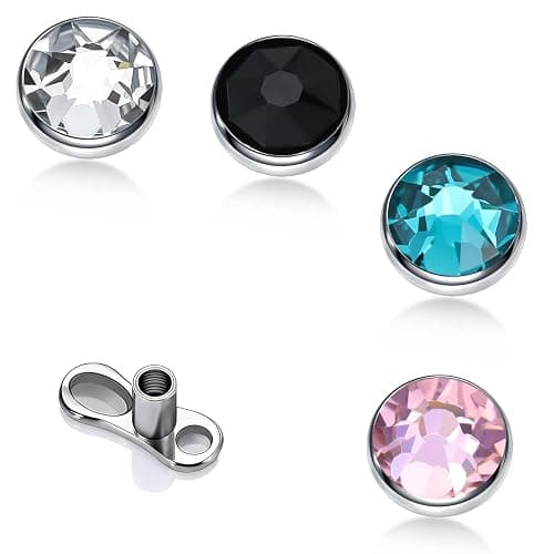 XUU 14G Titanium Dermal Piercing Jewelry Set, 4 Multi-Color Gems Dermal Tops (3/4/5mm) – Safe Sensitive Skin for Face & Body, Base Microdermals Piercing for Women Men - Image 1
