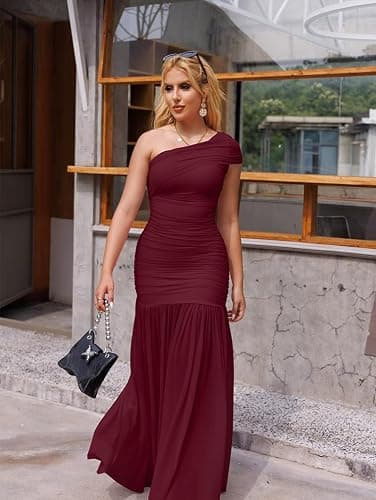 LAGSHIAN Women's Elegant Formal Long Dress One Shoulder Sleeveless Ruched Bodycon Evening Dress thumbnail 7