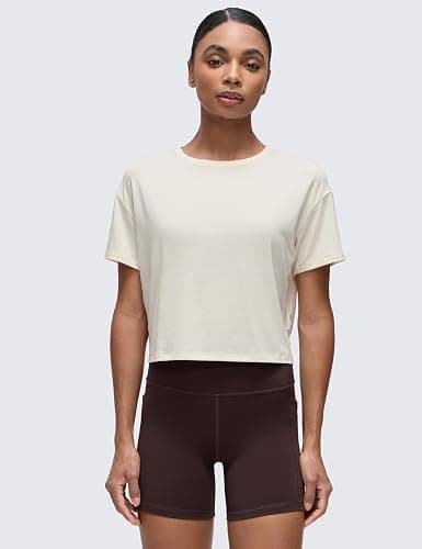 CRZ YOGA Open Back Short Sleeve Crop Top for Women Loose Athletic Yoga Workout Shirts Casual Cropped T-Shirts thumbnail 2