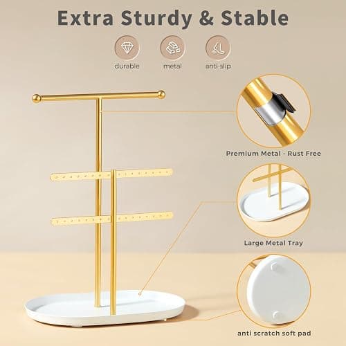 Elegant Jewelry holder Organizer 2-Tier Display Storage Stand for Earrings Necklaces with Ring Tray Spacious and Durable, Easy to Assemble White & Gold thumbnail 6