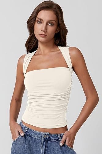 QINSEN Womens Square Neck Tank Tops Side Ruched Double Lined Slim Fit Summer Going Out Crop Top thumbnail 5