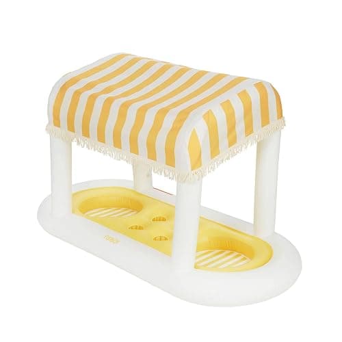 Giant Floating Yellow Cabana Stripe Drink Station, Removable Fabric Shade with Fringe, Perfect for Parties, Table-Top Decorations and in-Pool Refreshments. - Image 1