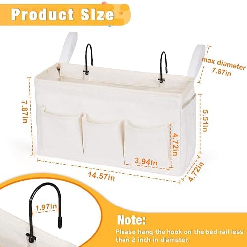 Lilithye Bedside Caddy Storage Organizer with Fixed Straps and Water Bottle Holder for Home, College, Dorm, Bunk/Hospital/Crib Bed Rails, White thumbnail 2