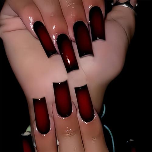 SINHOT Square Press on Nails Long - Goth Black & Red Ombre Gothic Style Squoval Nail Art, DIY Fake Nails with Glossy Glue on Nails, 24Pcs - Image 1