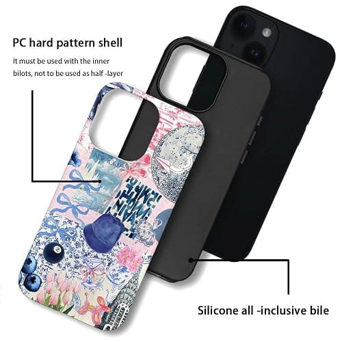 Generic Case Compatible with iPhone 14,Scratch Resistant Hybrid 2-Layer Hard Shell Phone Case,Ball Blue Bow Flower Collage Aesthetic - Ball Blue Bow Flower Collage Aesthetic - iPhone 14 thumbnail 3