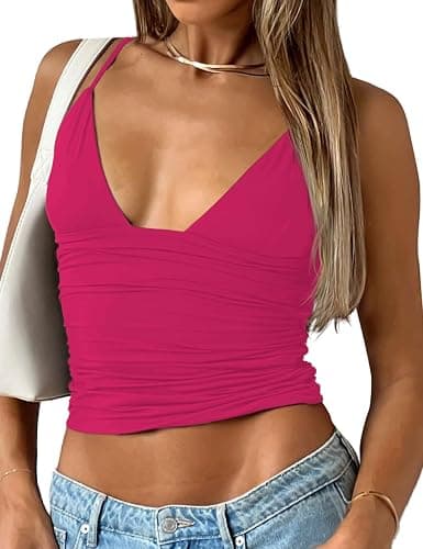 YFANG Women's Sexy Deep V-Neck Ruched Crop Tank Top Slim Fit Spaghetti Straps Crop Top - Image 1