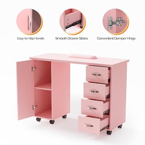 OmySalon Manicure Table Nail Desk with Cabinet, Drawers, Wheels & Wrist Rest, Spa Salon Beauty Home Wooden Technician Workstation for Nail Tech, Pink thumbnail 7