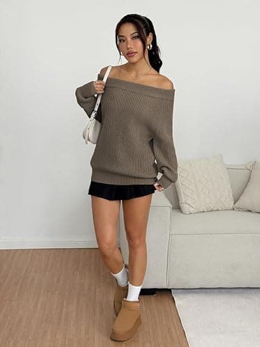 ZAFUL Sweaters for Women Off Shoulder Knit Sweater with Long Sleeve Loose Pullover Jumper Tops thumbnail 6