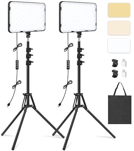 2 Pack LED Video Light with 63'' Tripod Stand, Obeamiu 2500-8500K Dimmable Photography Studio Lighting for Video Film Recording/Collection Portrait/Live Game Streaming/YouTube Podcast, USB Charger - Image 1