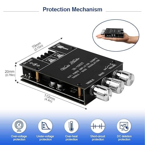 ARRAROWN ZK-1002T 2.0 Channel Bluetooth 5.0 Amplifier Board 200W HiFi Subwoofer Audio AMP with Treble and Bass Control BT and AUX Inputs, DC 12-24V 2.0 Channel Stereo AMP Module for DIY Speakers - Black3 ZK-1002T thumbnail 4
