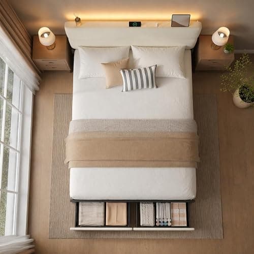 UHTN Queen Bed Frame with 2 Storage Drawers, Beige Velvet Upholstered | Platform Bed with Charging Ledge, LED Headboard Lighting, Metal Support, Noise Free, No Box Spring Needed, Easy Assembly thumbnail 8