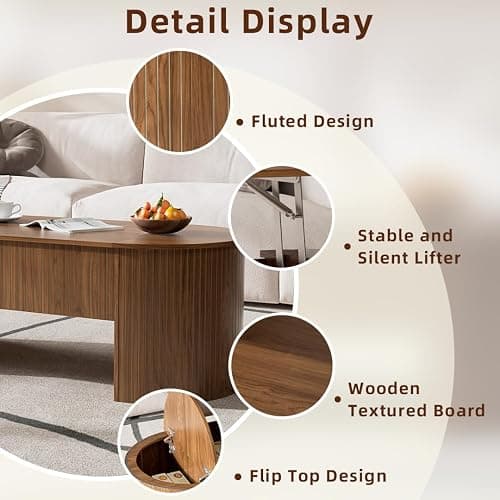 Lift Top Coffee Table with Hidden Storage, 47 Inch Oval Mid Century Modern Coffee Table with Lifting Top for Living Room, Large Wooden Center Table for Home Office (Walnut) thumbnail 8