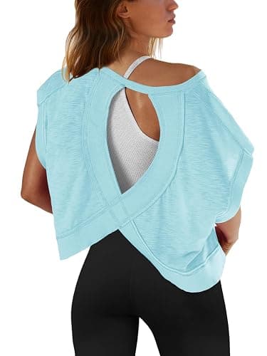 SENSERISE Womens Open Back Workout Tops Backless Short Sleeve Athletic Shirt Running Crop Top Gym Yoga Tee - Image 1