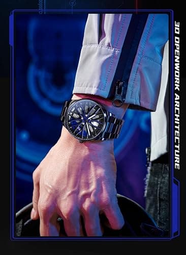 OLEVS Watches for Men Skeleton Quartz Racing Car Wheel Stainless Steel Casual Sports Waterproof Luminous Mens Watches thumbnail 2