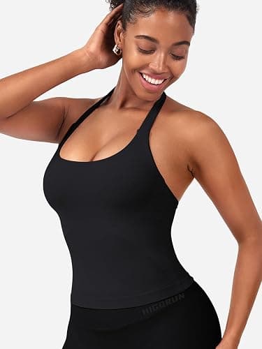HIGORUN Halter Impact Tank Tops for Women Y2K Workout Longline Crop Tops with Built in Bras Open Back Going Out Gym Top thumbnail 3