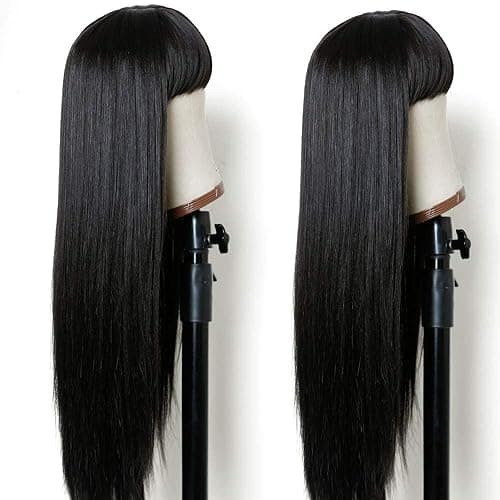TIMANZO Long Straight Remy Hair Wigs Natural Black Heat Resistant Fiber Hair Full Machine Wig with Bangs Cosplay Party Wig For Fashion Women (24 Inch) thumbnail 4