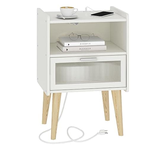 Nightstand with Charging Station, Bedside Tables with Glass Decorative Door, End Table Side Table with 2 Tiers Storage Space, for Bedroom, Living Room, White CAMLBZ07WE - Image 1