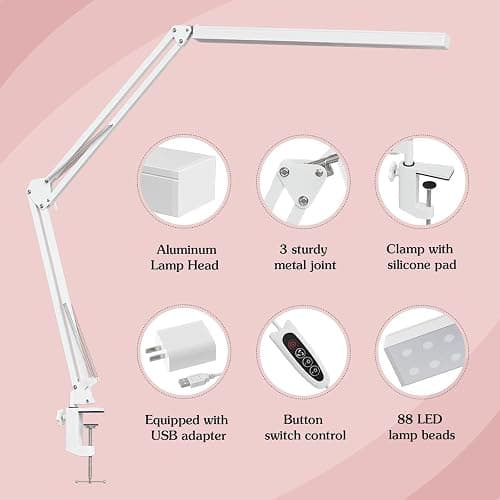 BZBRLZ LED Desk Lamp, Manicure Table Lamp, 16" Lamp Head, Dimmable Eye-Caring Drafting Light with 3 Color Modes, 10 Brightness Levels & Adapter, Memory Function(White) thumbnail 3
