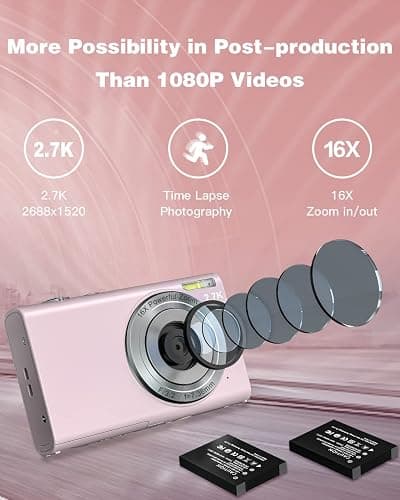Sevenat Digital Camera 48MP 2.7K Compact Pink with 16X Zoom, Image Stabilization, Autofocus, 3" Screen, FHD 1080p Video, for Teens/Students thumbnail 6