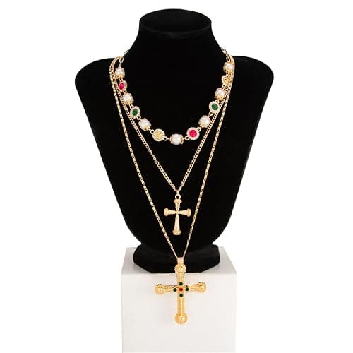Vintage Layered Cross Necklaces Set for Women,Gold Long Chain Crystal Pendant Necklace Pearl Colorful Crystal Gemstone Necklace Multilayered Statement Necklaces Boho Summer Beach Jewelry thumbnail 6
