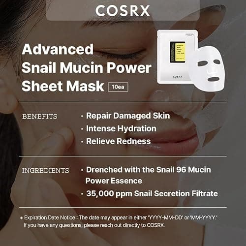 COSRX Snail Mucin Sheet Mask 10 EA with Snail Mucin Serum, Self Care, Face Masks for Dry, Sensitive Skin, Not Tested on Animals, No Parabens, No Sulfates, Korean Skin Care - 10 Count (Pack of 1) thumbnail 2