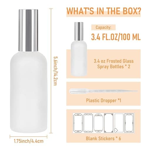 AuroTrends 3.4oz Frosted Glass Spray Bottles 2Pack, Empty Perfume Spray Bottles for Face Body Travel, Refillable Fine Mist Atomizer with Silver Caps, Plastic Dropper and Stickers Included thumbnail 3