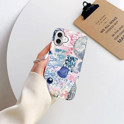 Generic Case Compatible with iPhone 16,Scratch Resistant Hybrid 2-Layer Hard Shell Phone Case,Ball Blue Bow Flower Collage Aesthetic thumbnail 7