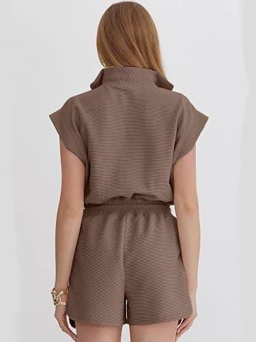 Btaiuo Rompers for Women Summer Short Sleeve Half Zip Lapel Collar Jumpsuit Casual Drawstring One Piece Outfits with Pockets thumbnail 6