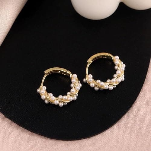 Pearl Chunky Gold Hoop Earrings For Women Trendy Sterling Silver Twisted Hoop Earring thumbnail 4