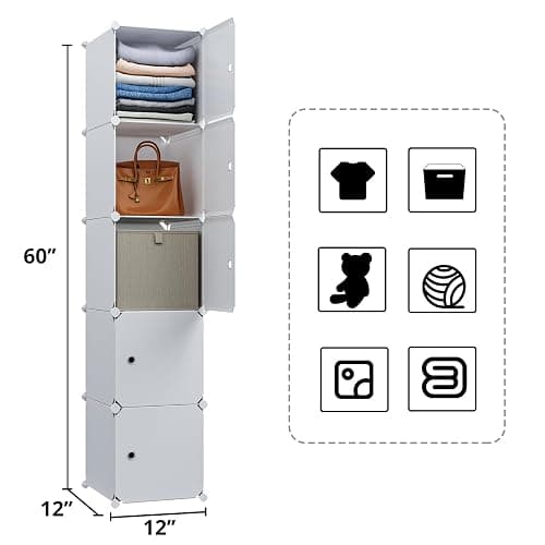 MAGINELS 5 Cube Storage Cabinet, Narrow Clothes Storage with Doors,Tall Plastic Standing Organizer Shelves for Small Spaces,Use to Closet,Bedroom,Livingroom,White(11.8x11.8inch) thumbnail 3