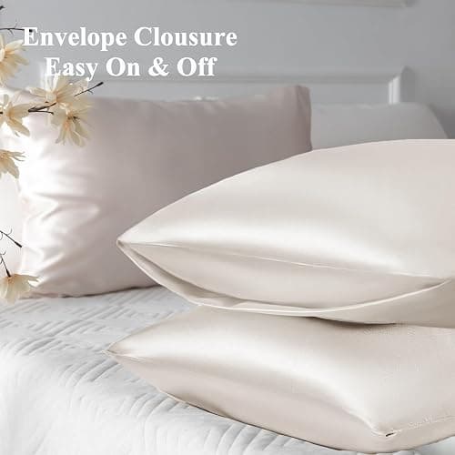 Vielit 2 Pack Satin Pillowcase for Hair and Skin Cooling,Soft as Silk Pillowcase for Hair and Skin,Easier Care than Silk Pillow Case Beige 50x75cm Gifts for Women Envelope & 2 Scrunchies thumbnail 8