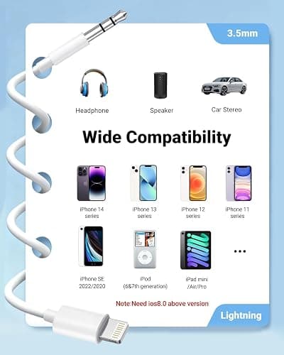 Aux Cord for iPhone,[Apple MFi Certified] Lightning to 3.5 mm AUX Cable for Car Stereo, Speaker, Headphone, Auxiliary Audio Cable Compatible with iPhone 14 13 12 11 XS XR X 8 7 3.3FT White thumbnail 6