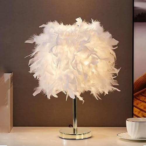 GUANSHAN Weiße Feder-Tischlampe, Nachttischlampe mit goldenem Sockel, Feder-Tischleuchte, Schreibtisch-Lampenschirm für Schlafzimmer, Heimdekoration, Fotografie-Requisiten thumbnail 3