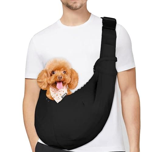 PETLOFT Sac de Transport pour Chien,Sac Transport Chiot, Réversible Sling Bandoulière Réglable, avec Crochet de Collier pour Chiot/Chat/Lapin Jusqu'à 4.99kg, Noir - Image 1