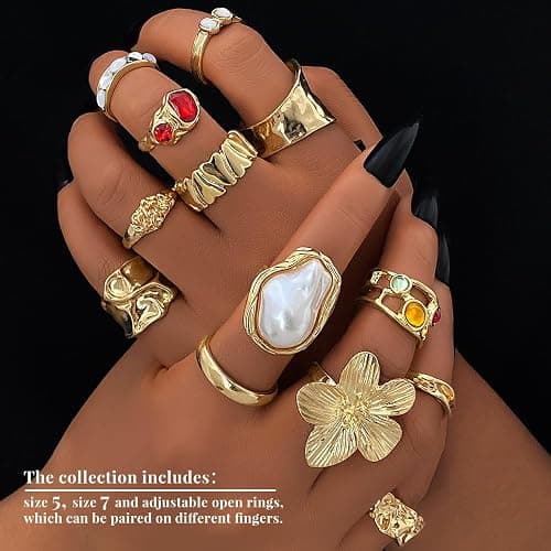 KISS WIFE Golden Chunky Rings Set for Women, Big Flower Artificial Crystal Baroque Pearl Irregular Stackable Knuckle Rings Pack, Vintage Chunky Jewelry Gift thumbnail 5