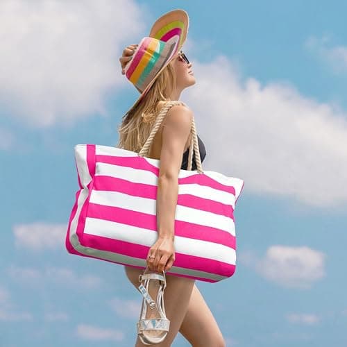 Becokan Beach Bags for Women Large Waterproof Beach Tote Bag Zipper Beach Bags Waterproof Sandproof Swim Pool Bag Large Tote - Hot Pink thumbnail 5