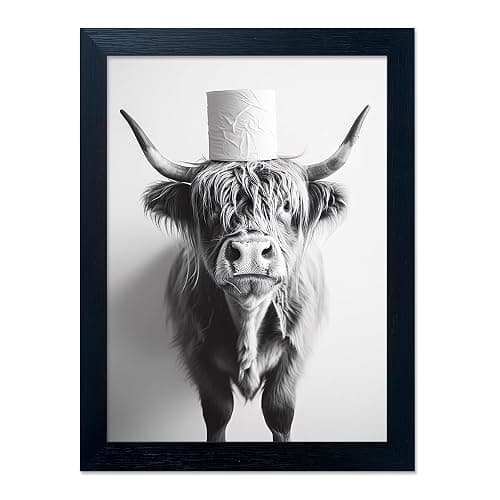 Framed Black and White Bathroom Wall Decor Highland Cow with Toilet Paper on Head Canvas Wall Art Toilet Decor Cow Pictures Wall Decor Animal Bathroom Sign Artworks for Home - Image 1