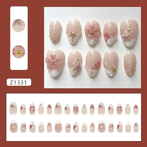 24Pcs White French Tip Press on Nails Medium Almond Hibiscus Fake Nails Beach False Nails 3D Flower Starfish Pearl Gems Designs Full Cover Summer Stick on Nails for Women Acrylic Nail Decorations thumbnail 2