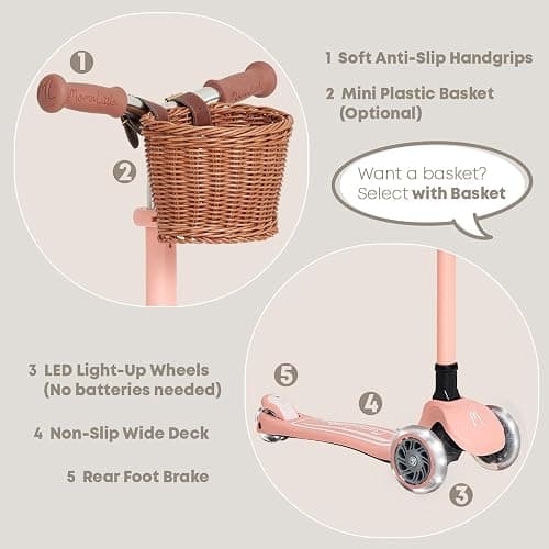 MomnLittle Kick Scooter for Kids Ages 3-10 (Beige/Pink/Navy/White) 3 Wheeled with LED Light-Up Wheels CPSC Certified Foldable and 4 Height Adjustable Toddler Scooters for Boys Girls thumbnail 5