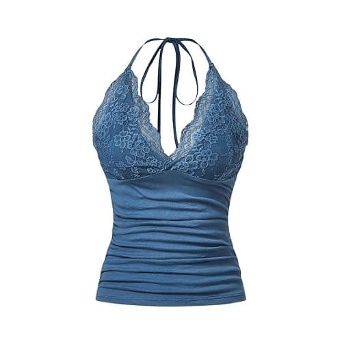 MakeMeChic Women's Halter Top Y2K Lace V Neck Ruched Low Cut Halter Tank Tops Camisole Tops thumbnail 3