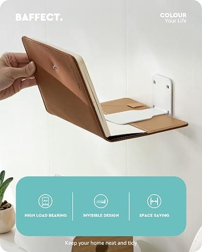 Baffect Invisible Floating Bookshelves, Set of 4 Concealed Drilling Mounted Bookshelves, Heavy-Duty Metal Book Organizers for Bedroom (White) thumbnail 3