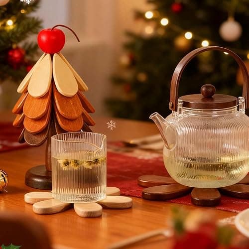 Untersetzer Holz Set für Baumkunst, 2026 Neu Weihnachtsbaum Topfuntersetzer Faltbare, 3/4 Holzuntersetzer + 1 Ständer Küchenzubehör für heiße Töpfe, Pfannen, Schüssel, Pfannenschoner (3Pcs #B) thumbnail 2